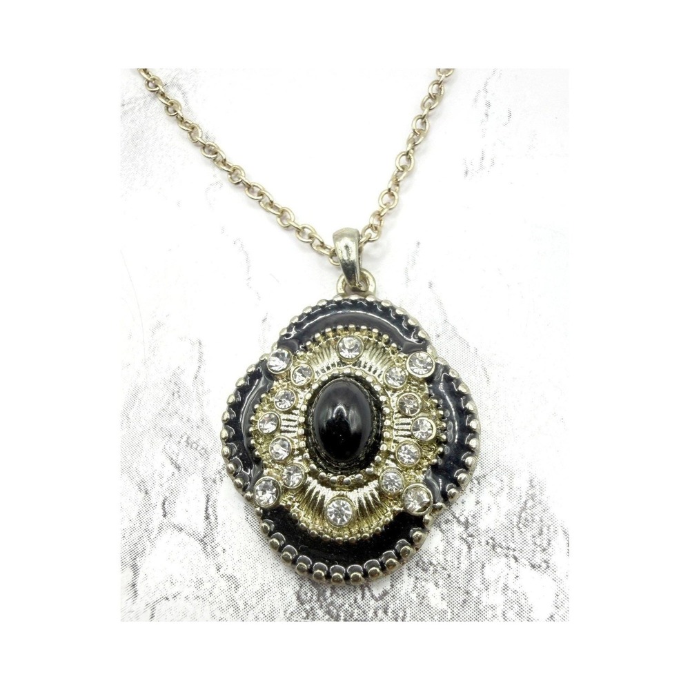 SHA Signed Black Cabochon Rhinestone Pendant Necklace Gold Tone 19"